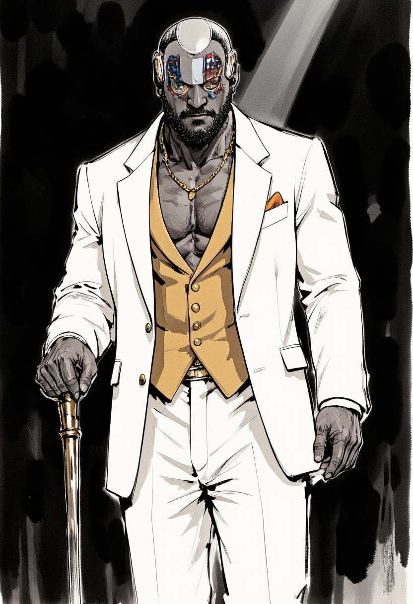 An image in style of ink wash painting, depicting a cowboy shot of a masculiine (robot:1.5) with stocky and robust dadbod wearing white tuxedo, holding a long walking stick in hand, under a single beam of weak god ray on chiaroscuro dark stage. The frame is shot from side, captured the intense gaze of the robot in dutch angle.<lora:Shuimozhuangshi_Ink_wash_painting_style_v2.7:1>  <lora:Dadbod_Flux:0.6>