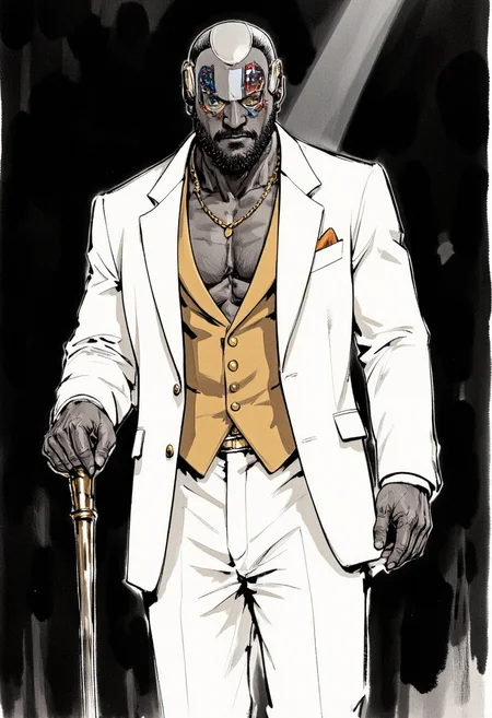 An image in style of ink wash painting, depicting a cowboy shot of a masculiine (robot:1.5) with stocky and robust dadbod wearing white tuxedo, holding a long walking stick in hand, under a single beam of weak god ray on chiaroscuro dark stage. The frame is shot from side, captured the intense gaze of the robot in dutch angle.<lora:Shuimozhuangshi_Ink_wash_painting_style_v2.7:1>  <lora:Dadbod_Flux:0.6>