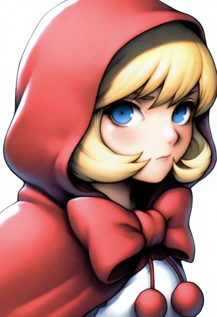 masterpiece, best quality, solo, 1girl, looking at viewer, <lora:FF7-Portraits-illus_Fp:1>, simple background, portrait, white background, <lora:Bbhood-illus_Fp:1>, bbhood, short hair, blonde hair, blue eyes, hood, capelet, red dress, bow, white apron, pom pom \(clothes\), hood up