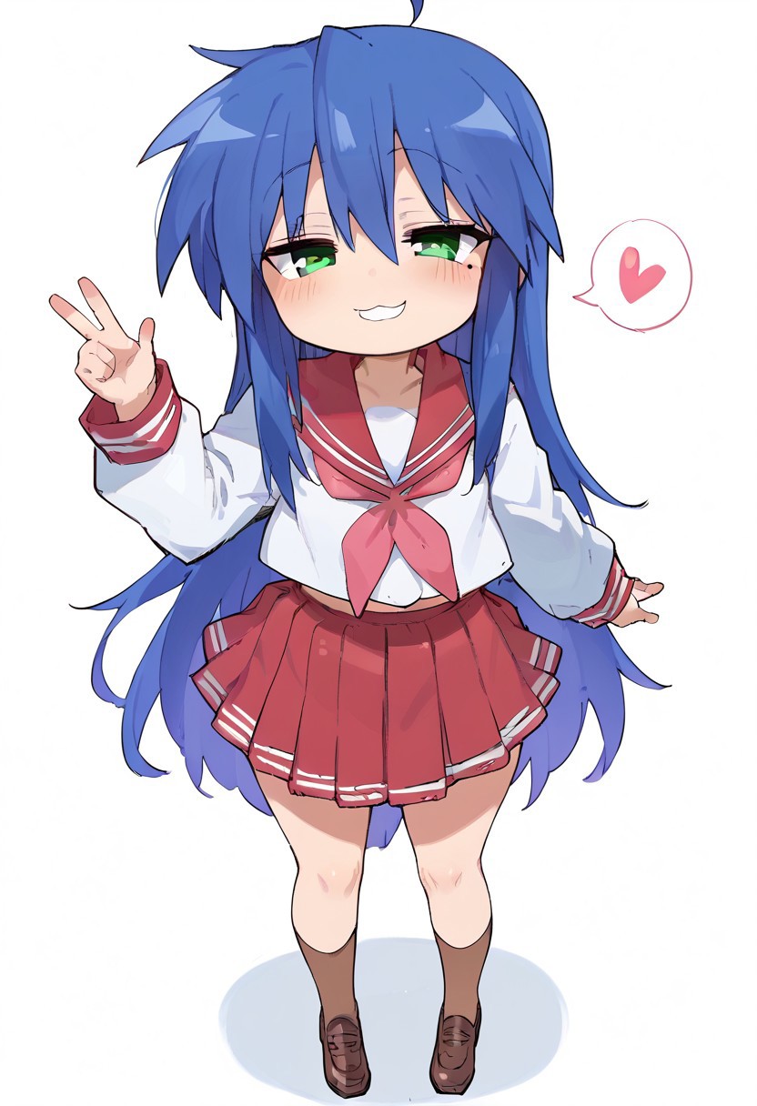 score_9,score_8_up,score_7_up,score_6_up, 1girl, solo, Expressiveh, basukechi_style, Wagashi_(Dagashiya), Atte_Nanakusa, cute girl, petite, small stature, Konata Izumi, pawg, smug, mesugaki, half-closed eyes, perfect eyes, perfect face, green eyes, blue hair, long hair, ahoge, small breasts, bottom_heavy, huge hips, wide hips, large thighs, thick thighs, thick, venus body, mole, serafuku, red skirt, red sailor collar, shoes, brown tighhighs, heart, spoken heart, hearts around head, smile, happy, looking_at_viewer, sexy pose, full body, BREAK score_9, score_8_up, score_7_up, score_6_up, source_anime, best anatomy, best quality, masterpiece, highly detailed, rating_explicit, uncensored, zPDXLxxx