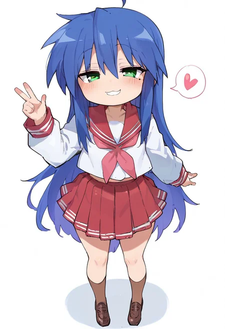 score_9,score_8_up,score_7_up,score_6_up, 1girl, solo, Expressiveh, basukechi_style, Wagashi_(Dagashiya), Atte_Nanakusa, cute girl, petite, small stature, Konata Izumi, pawg, smug, mesugaki, half-closed eyes, perfect eyes, perfect face, green eyes, blue hair, long hair, ahoge, small breasts, bottom_heavy, huge hips, wide hips, large thighs, thick thighs, thick, venus body, mole, serafuku, red skirt, red sailor collar, shoes, brown tighhighs, heart, spoken heart, hearts around head, smile, happy, looking_at_viewer, sexy pose, full body, BREAK score_9, score_8_up, score_7_up, score_6_up, source_anime, best anatomy, best quality, masterpiece, highly detailed, rating_explicit, uncensored, zPDXLxxx