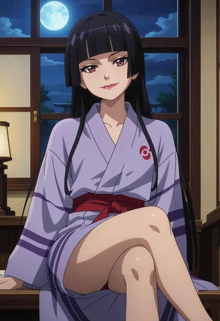 score_7_up, anime screencap,
<lora:GATE_RoryMercuryXL:0.9>, RoryMercury,
1girl, solo, closed mouth, light smile,
long hair, black hair, red eyes, hime cut, blunt bangs, lipstick,
yukata, purple kimono,
sitting, crossed legs, looking at viewer,
indoors, window, night, moon