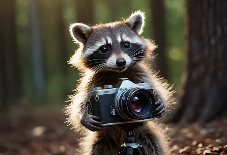 RAW photo, cute racoon baby, (playing with a photo camera) in a clearing, very sharp, cinematic lights, full body in frame, macro shot, dark shot, deep darks, extremely detailed, 8k, masterpiece,, background a beautiful forrest, deep of field, amazing natural lighting, brilliant composition, intricate design, photorealistic, hyperrealistic, high definition, extremely detailed, cinematic, UHD, HDR, 32k, ultra hd, realistic, dark muted tones, highly detailed, perfect composition, best quality, (finely detailed), cinematic lighting, extremely detailed CG unity 8k wallpaper, photorealistic, hyperrealistic, high definition, extremely detailed, cinematic, UHD, HDR, 32k, ultra hd,