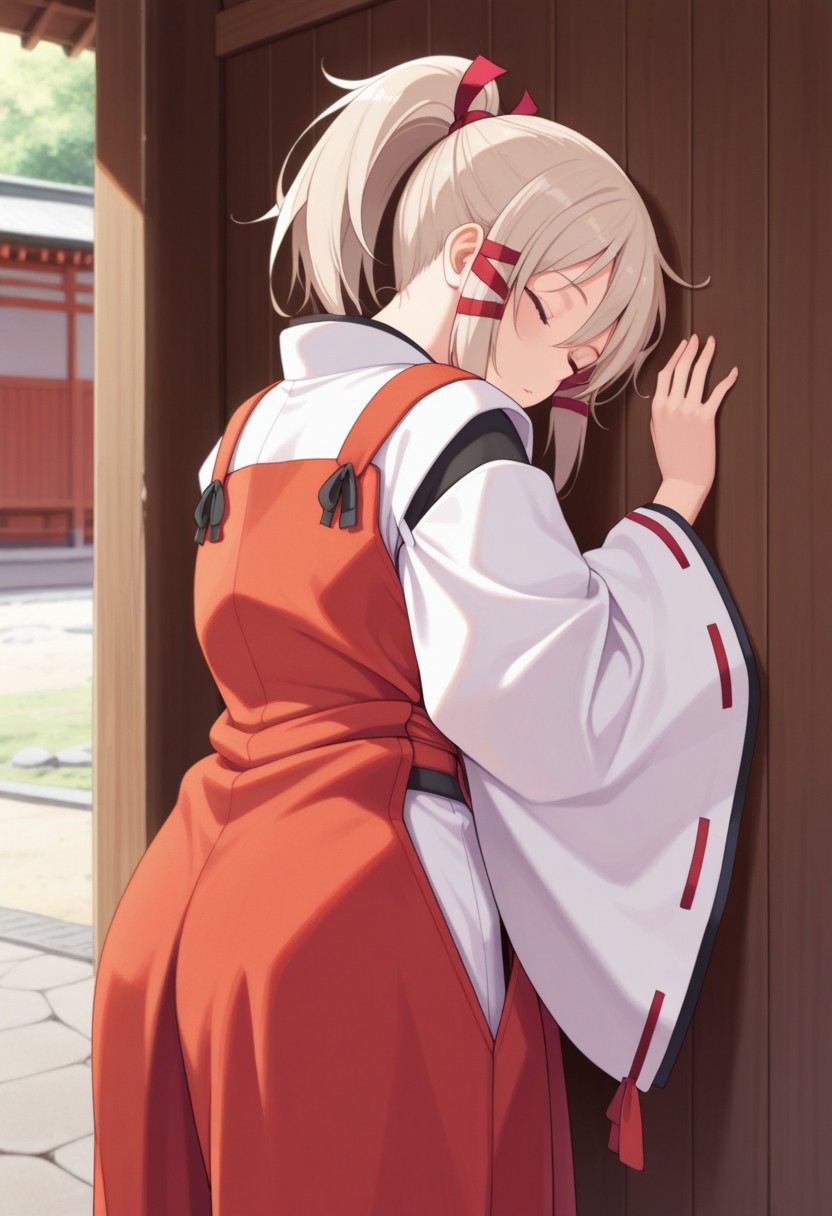 masterpiece,best quality,amazing quality, uka, light beige hair, ponytail, long hair, 1girl, solo, hair ribbon, ribbon, miko, japanese clothes, closed eyes, against wall, sleeping