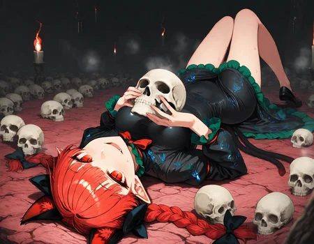 munakata_(sekimizu_kazuki), hamada_yoshikazu,negative space, cinematic shot, masterpiece, highres, absurdres, newest,  wide shot, ,slimes_skullwm,made of skulls,kaenbyou_rin, touhou, 1girl, pink_hair, red_eyes, solo,animal_ears ,black_bow, black_dress , braid,breasts, cat_ears , dress,extra_ears, fang ,frilled_dress ,frills, hair_bow ,large_breasts ,long_eyelashes  ,long_sleeves ,multiple_hair_bows, pointy_ears ,red_bow , red_hair, slit_pupils, smil,tight_clothes ,tight_dress, twin_braids ,fang, crazy_eyes ,holding skull, looking at viewer, seductive smile, steaming body, in heat, sweaty, lying, on back,
<lora:SlimesSkullWM:1> <lora:ponyv5_noobE11_1_adamW:0.7> <lora:illustrious_noobai_epsilon_pred_11_very_aesthetic_v1:0.7> , <lora:kaenbyou_rin_image6792_2023-12-20:0.6>