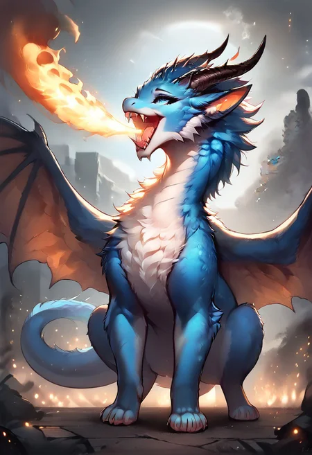 score_9, score_8_up, score_7_up, score_6_up, score_5_up, score_4_up, furry art, furred dragon, female, ((full body)), white and blue fur, wings, horns, tail, chest fluff, paws, fangs, ton back, faded blue eyes, extra fluffy, FireBreath, ((quadruped)), ((city ruins on background, edge))