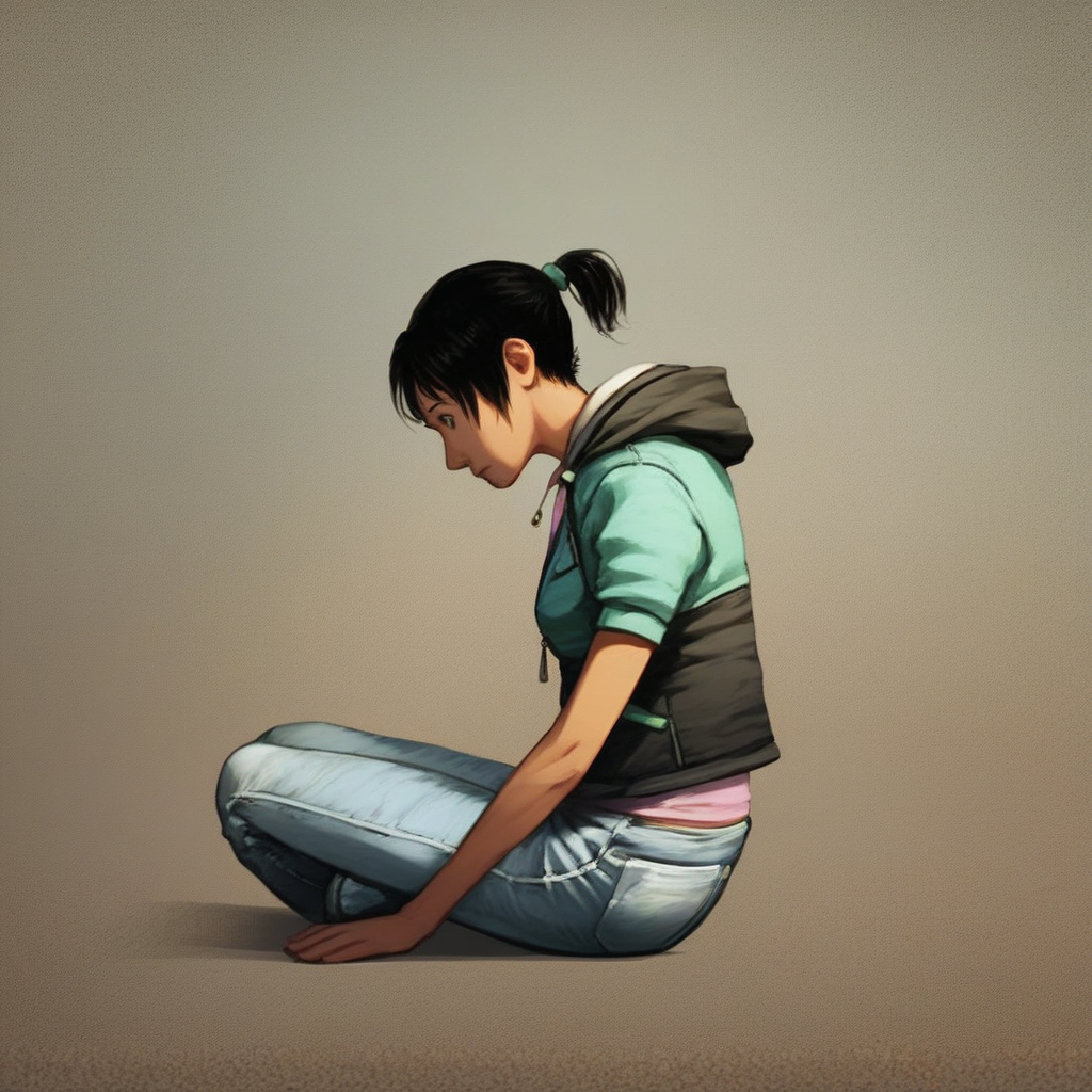 score_9, bhadra, black hair, short hair, ponytail, jacket, jeans, sitting,