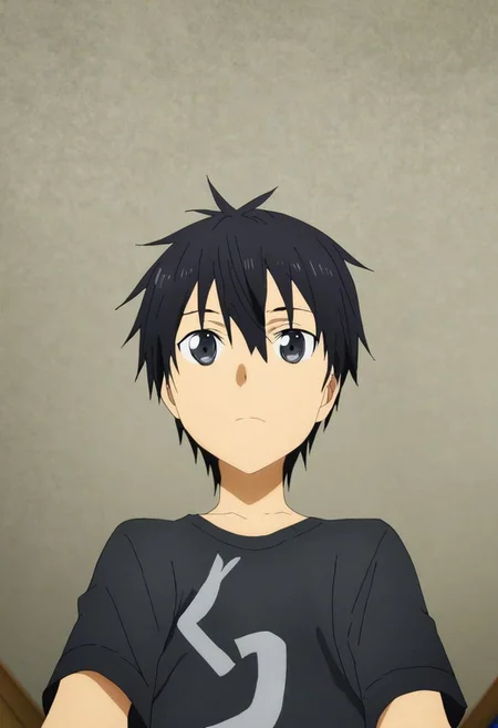 high resolution, solo, best quality, 1Boy, Kazuto Kirigaya, Black Hair, Black Eyes, kabedon POV, T-Shirt, OverallDetail