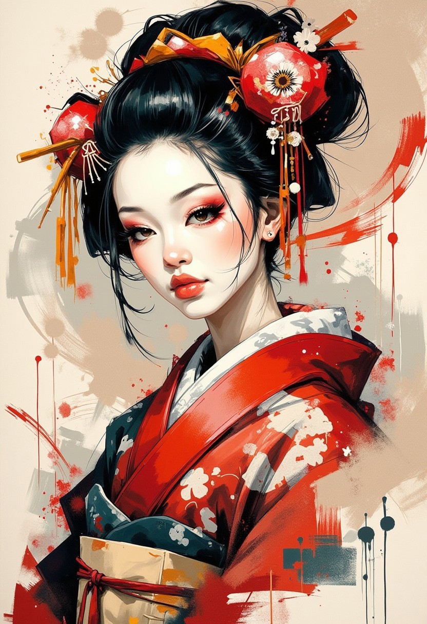 photorealistic portrait of geisha, abstract background