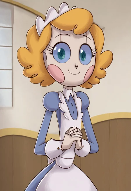 Amy, 1girl, maid uniform, maid headpiece, blonde, curly hair, cute, home interior, smile, looking at viewer, blush stickers, hands together, detailed, masterpiece