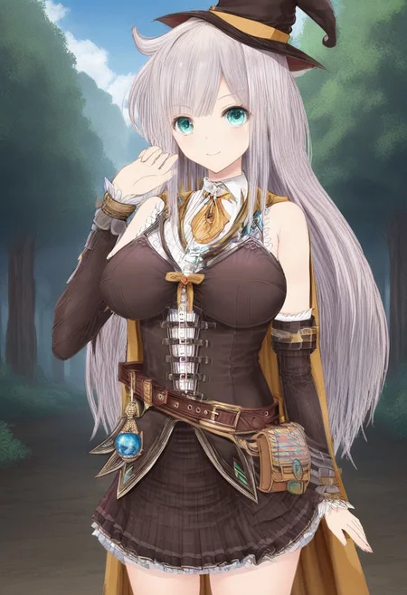 score_9, score_8_up, score_7_up, source_anime, anime screencap, uncensored, best quality, masterpiece, highly detailed, 1girl, solo, rei_granford, long hair, grey hair, aqua eyes, large breasts, witch hat, brown clothes, belt, vial, skirt, pleated skirt, frills, detached sleeves, zettai ryouiki, smiling, standing, outdoors, day, forest, blue sky, dutch angle, cowboy shot,
