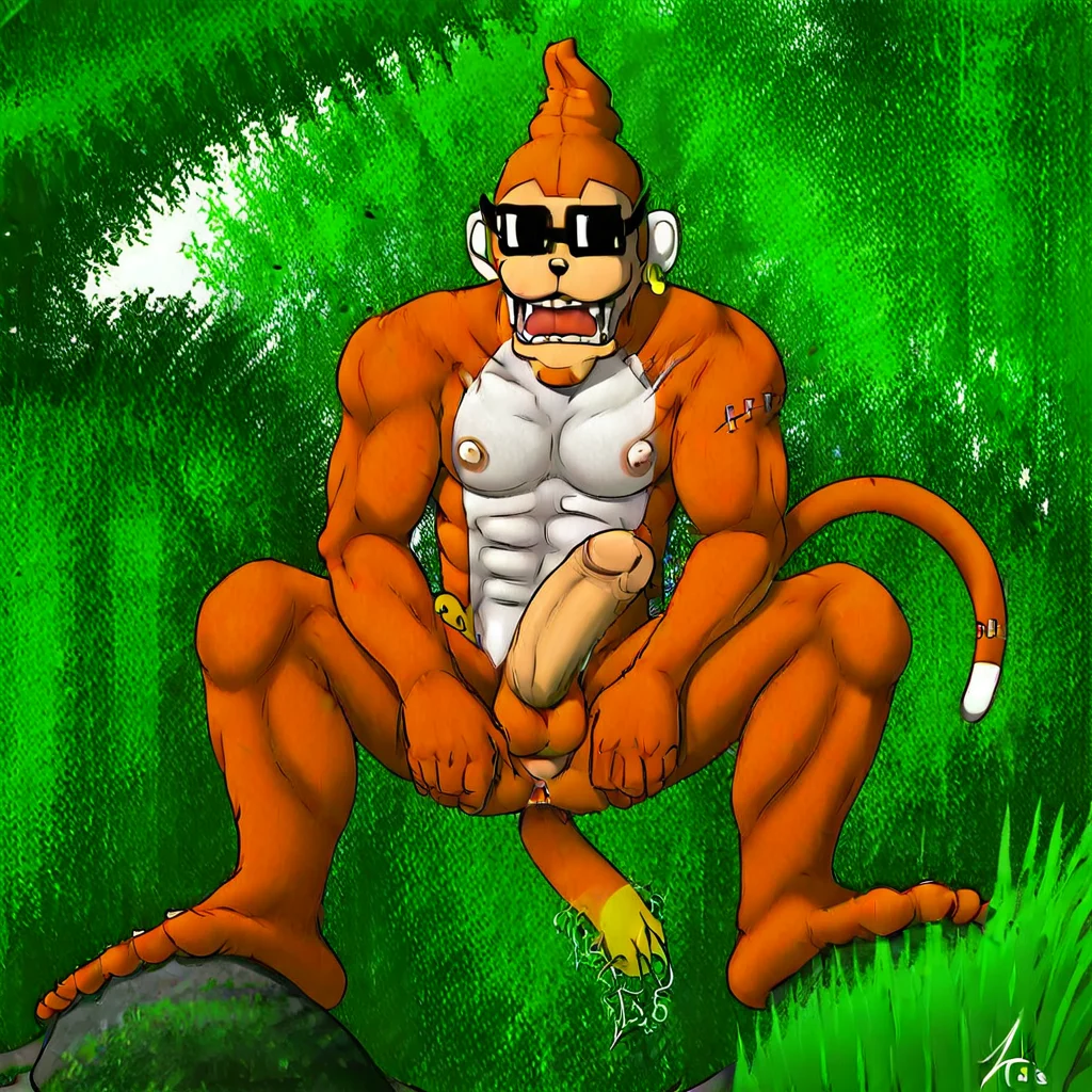 nipples, money face, shadow on floor, white background Etemon, tongue squatting, muscles, foot on rock, sitting, colored art, male, money tail, monkey outfit, human penis, digimon etemon, grass, anus, etemon. digimon etemon, hooped earring, open mouth, bara, abs, trees, barefoot, sunglasses