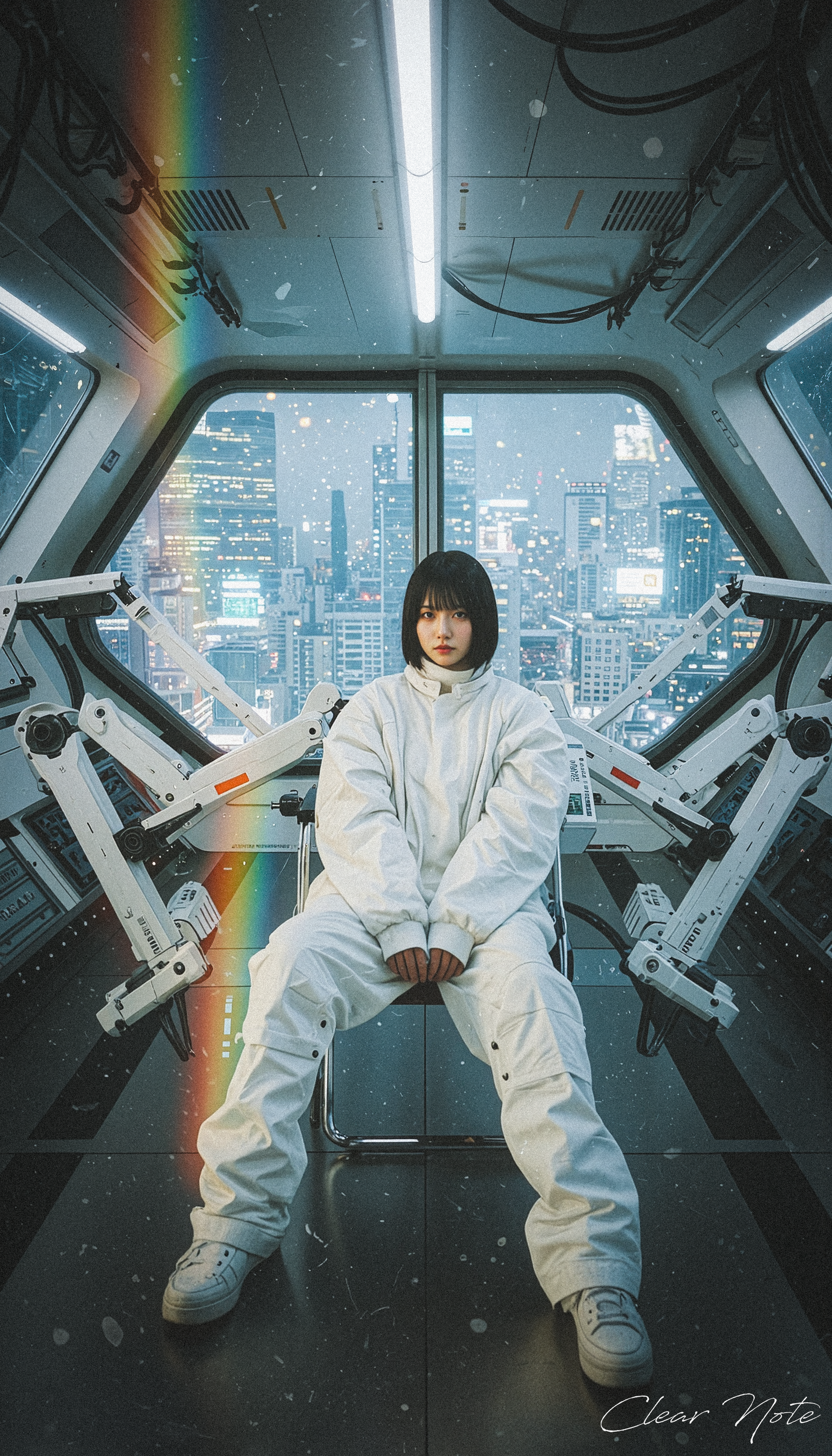 Japanese Culture Style, Neo Photorealistic Art, Emotional Photos, 35mm film, Young Japanese Woman, Futuristic clothing, Inside a futuristic spaceship, glass windows, Depth, Sitting on a chair with detailed white robotic arms, Neo-Tokyo