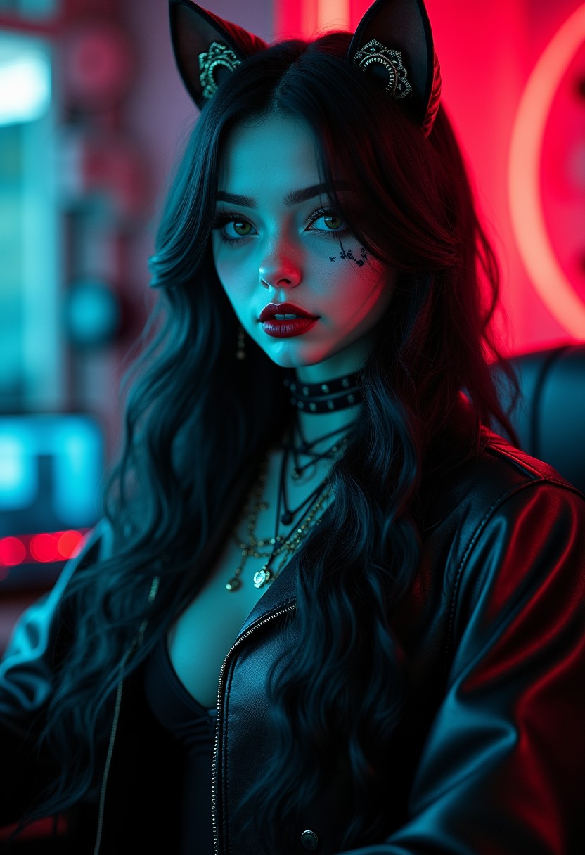 (ultra realistic,32k, ultra sharp,masterpiece:1.2),(high detailed skin:1.1),( high quality:1.1),(ultra high res:1.4), (beautiful lighting:1.4), (dynamic angle:1.6), infernal, gothic, spiritual, unusual, elegant, elusive, translucent, exquisite, athletic, reptilian, (professional, intricate details, masterpiece, best quality:1.5), (Thick steel collar:1.7), goth girl, face tattoo, tattoos, green eyes, very long black hair, wavy hair, black mascara, black eyeliner, dark red lipgloss, ((((cat eyes, split eyes, cat ears)))), (porcelain skin), dark gaming room, leather bolero, neon lights, gaming, shy smile, neon wall decorations