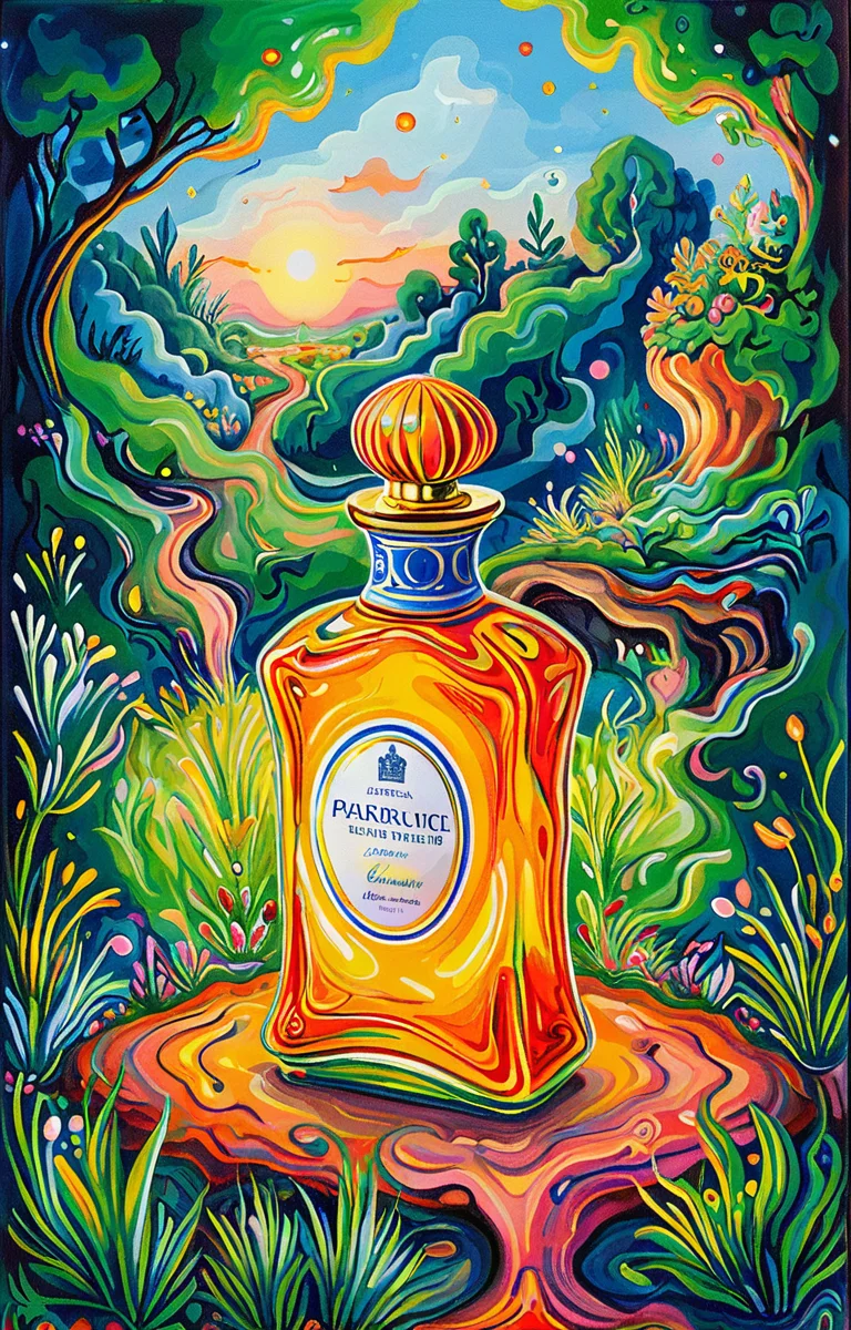 masterpiece,best quality,<lora:tbh25-sdxl:0.9>,illustration, A bottle of perfume in garden