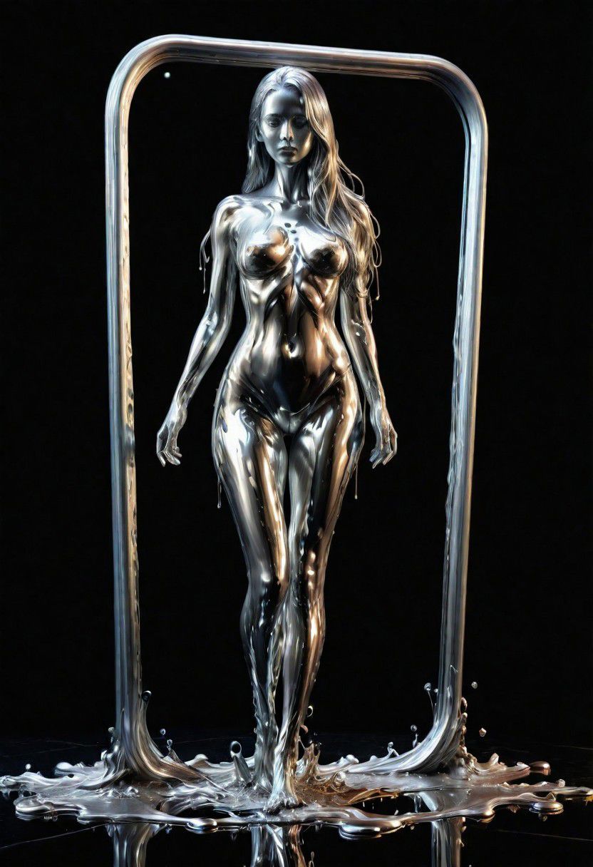 (masterpiece,best quality,ultra-detailed,best illustration:1.3), 1woman, melting, smooth shiny full length metal body, reflection mirror finish, shiny, smooth liquid metal long hair, simple black background