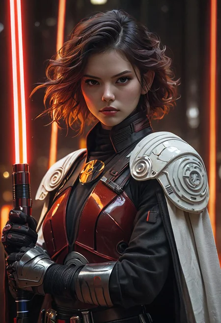 bdsm, collar cyberpunk Samurai jacket, (female, red pink slim skin:1.4), Large linen cape, (nice face, very angry:1.9), (bdsm harness, tight big breasts:1.75), surrounded by a detailed spacescape with translucent dark-amber Highlights, (red neon, emissive), (yellow particules, hyper-detailed,:1.4) sharp, high resolution, high quality, 32K, Ultra realistic, HD, super detailed, line art, abstract style, (full body, shinny, wavy hair:1.5), (star wars inquisitor:1.65), (circle hard powerful red white orange fire neon light saber:1.8), (well formed five fingers hands on light saber:1.7)