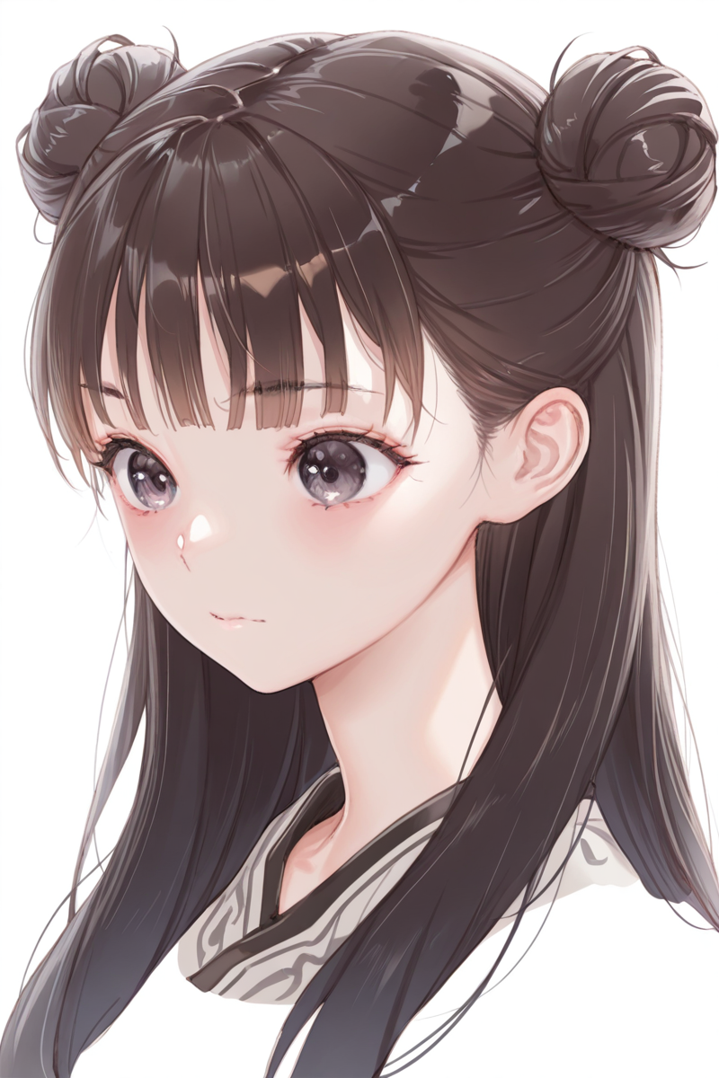 masterpiece, best quality, amazing quality,
 <lora:Mellco_IL:1> mellco, 1girl, solo, white background, simple background, long hair, hair bun, closed mouth, bangs, portrait, brown hair, upper body, black hair, double bun