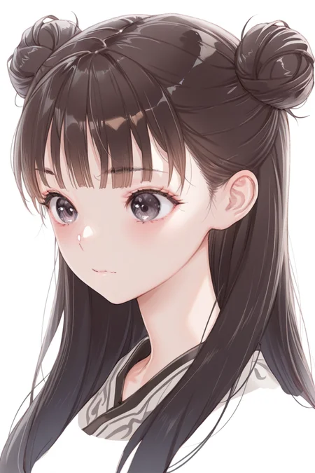 masterpiece, best quality, amazing quality,
<lora:Mellco_IL:1> mellco, 1girl, solo, white background, simple background, long hair, hair bun, closed mouth, bangs, portrait, brown hair, upper body, black hair, double bun