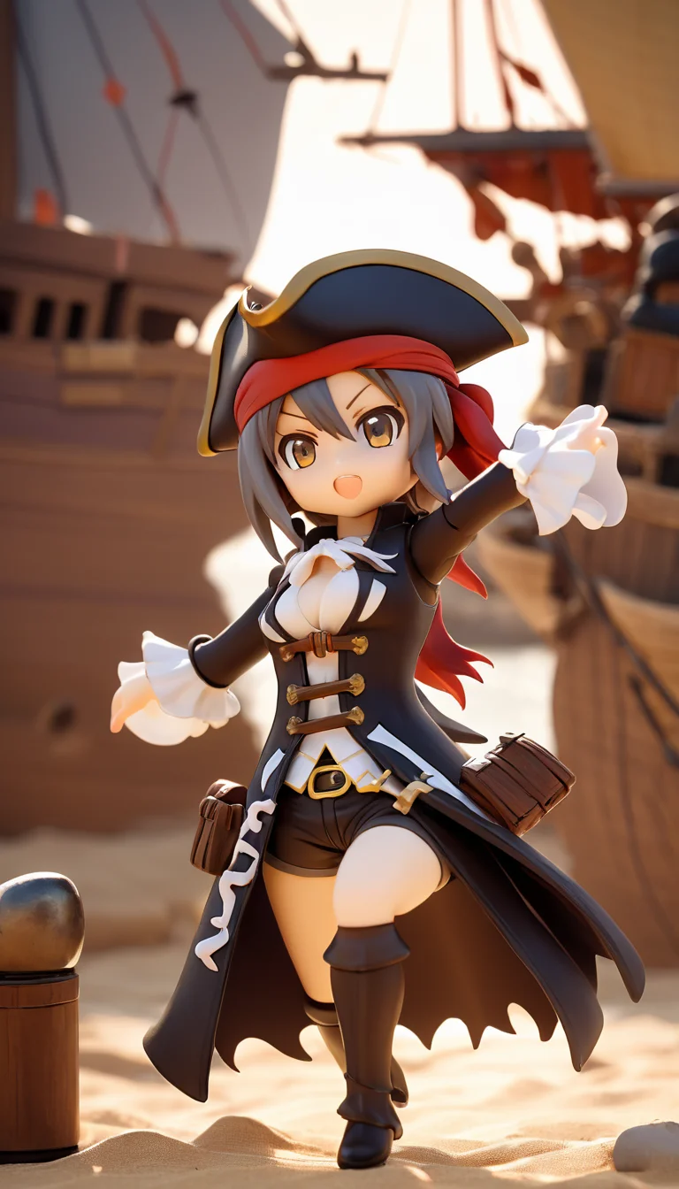 Cinematic scene, hero view, female pirate, action pose, detailed background, masterpiece, best quality, high quality, highres, absurdres, nendoroid <lora:nendoroid_xl_v8:1>