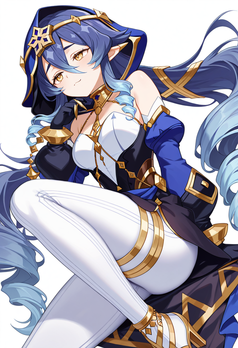 masterpiece,high quality details, absurdres,
 <lora:Layla:0.8>
layla_cnr, 1girl, blue hair,very long hair, twin drills, drill locks, pointy ears, yellow eyes, hair between eyes, sidelocks,medium breasts, 
hood up, dress, detached sleeves,puffy long sleeves,bare shoulders,black gloves, thighlet,claw ring,gold choker, gold trim,high heels, white pants,, simple background, white background, dutch angle,solo,, frown,smug,