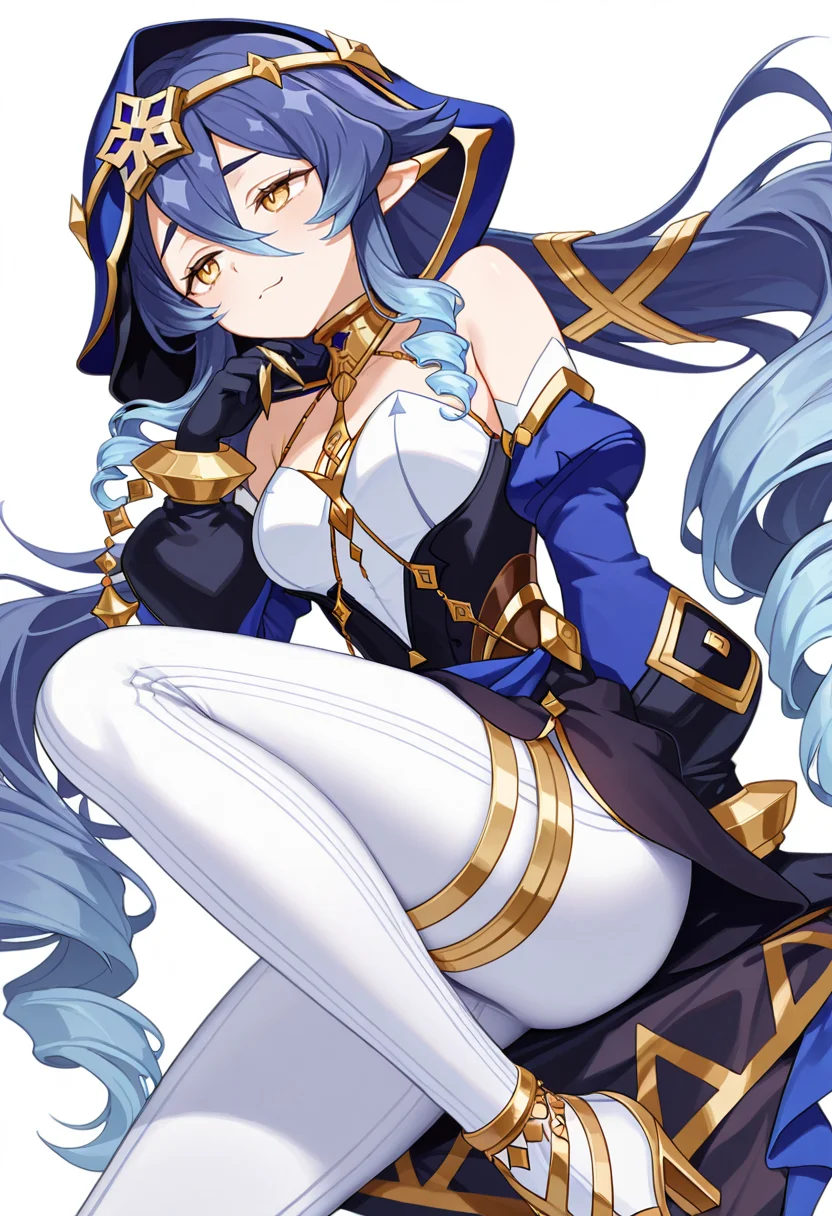masterpiece,high quality details, absurdres,
 <lora:Layla:0.8>
layla_cnr, 1girl, blue hair,very long hair, twin drills, drill locks, pointy ears, yellow eyes, hair between eyes, sidelocks,medium breasts, 
hood up, dress, detached sleeves,puffy long sleeves,bare shoulders,black gloves, thighlet,claw ring,gold choker, gold trim,high heels, white pants,, simple background, white background, dutch angle,solo,, frown,smug,