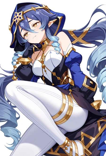 masterpiece,high quality details, absurdres,
<lora:Layla:0.8>
layla_cnr, 1girl, blue hair,very long hair, twin drills, drill locks, pointy ears, yellow eyes, hair between eyes, sidelocks,medium breasts,
hood up, dress, detached sleeves,puffy long sleeves,bare shoulders,black gloves, thighlet,claw ring,gold choker, gold trim,high heels, white pants,, simple background, white background, dutch angle,solo,, frown,smug,
