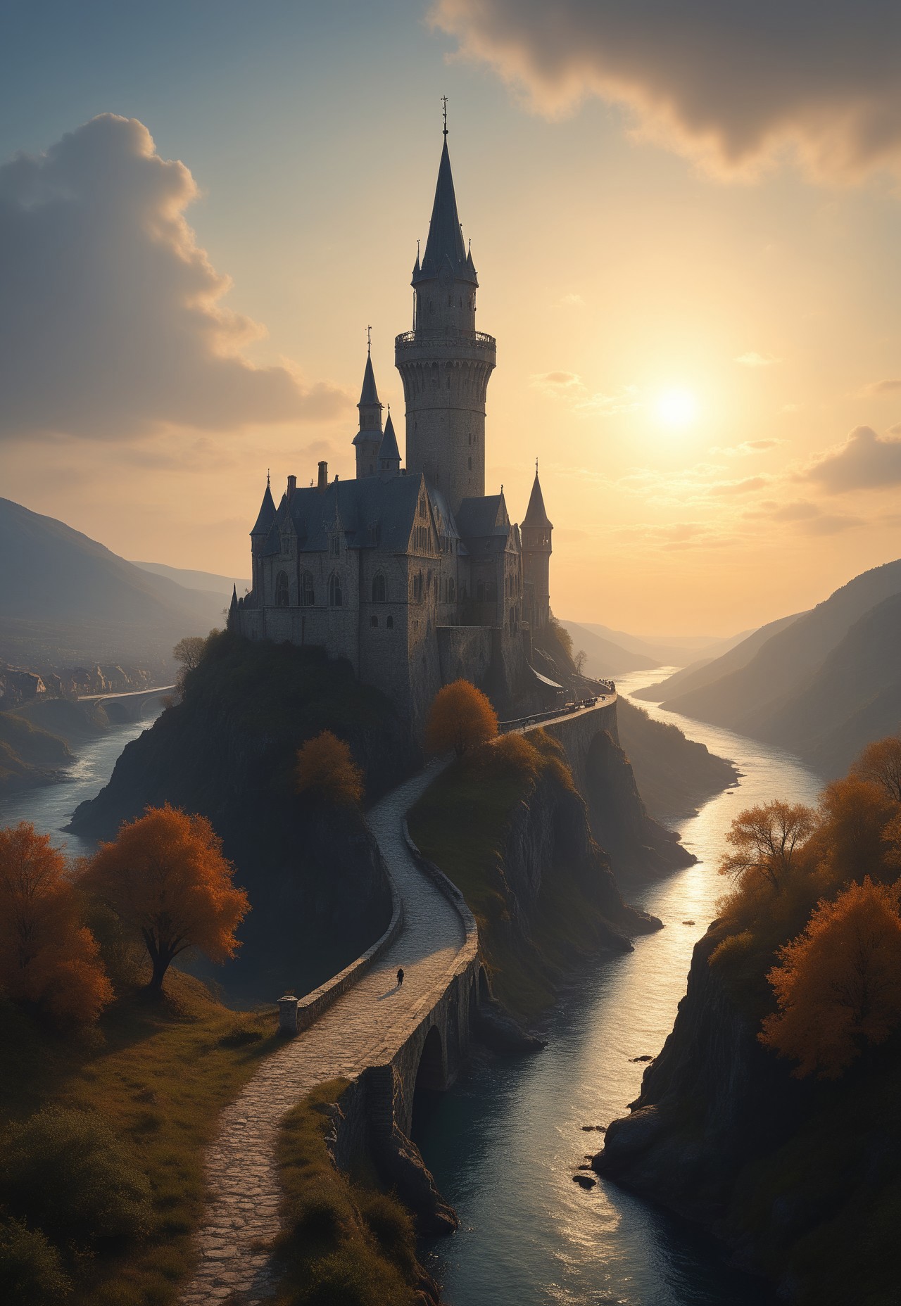 A masterful digital painting by Greg Rutkowski portraying the streets of a sprawling medieval city in a fantasy realm, with river, bridges, a white tower, walls, sparkling, majestic, beautiful, stunning, dreamlike, ethereal, magic, art, extremely detailed, masterpiece. The scene is set at sunset, with sharp focus and clarity. The landscape is featuring ultra-highly detailed and intricately posed characters. The intricate details and sharp focus of the painting give it a watercolor-like appearance, making it highly sought after and trending on ArtStation. The highly detailed and intricate elements of the scene are showcased in a studio photo, capturing the essence of a dreamlike, magical fantasy world.
 (8k uhd:1,4)
(((full-clothed))),
 <lora:add-detail-xl:1>
 <lora:Dynamic Poses:1>