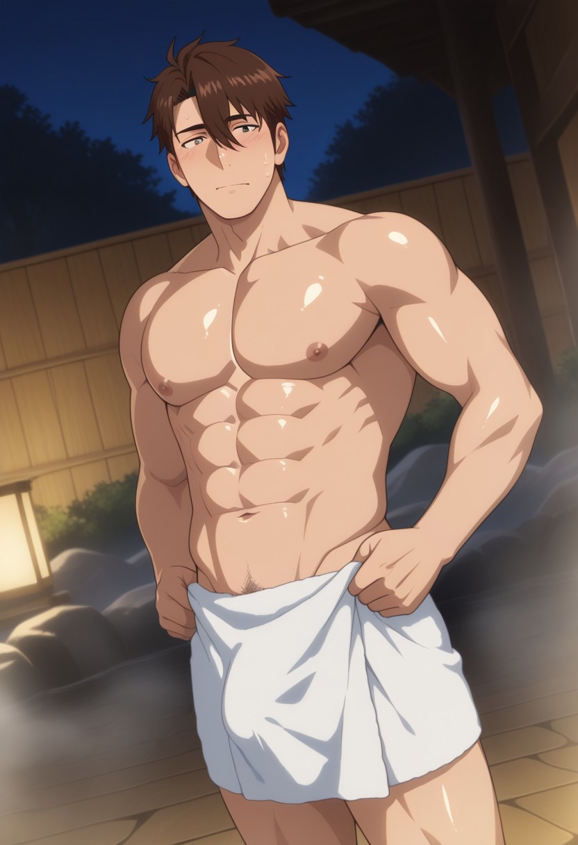 masterpiece, best quality, amazing quality, very aesthetic, absurdres, newest, detailed background, warm natural lighting, lively and bustling atmosphere, background details visible, shiny skin, indoor, onsen, shadow, solo, male focus, bara, dynamic angle, wide angle perspective, night, steam, (anime coloring:1.3),
gaoshun, 1boy, long bangs, short hair, brown hair, headwear naked, towel on waist, penis under clothing,