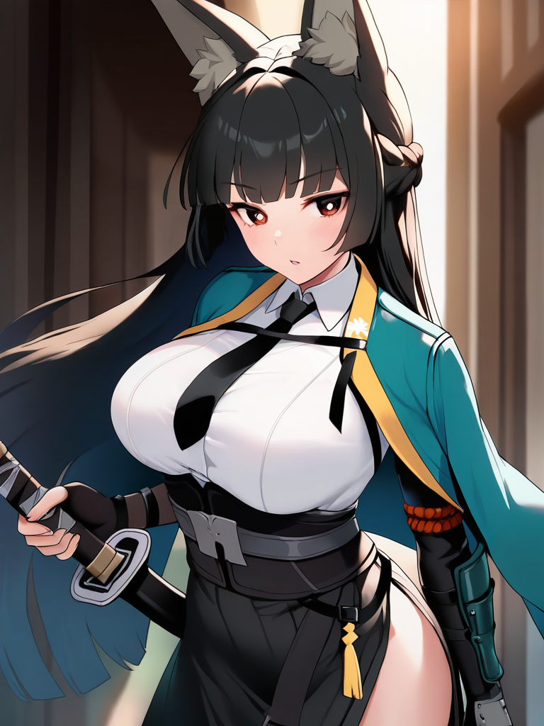1girl, animal ear fluff, aqua jacket,  black hair, black necktie, black skirt, blunt bangs, collared shirt, cowboy shot, fingerless gloves, fox ears, fox girl, half updo, high-waist skirt, holding sword, hoshimi miyabi, large breasts, long skirt, looking at viewer, open jacket, parted lips, red eyes, shade, sheathed, side slit, sidelocks, solo, standing, white pupils, white shirt, wide sleevesï¼<lora:zenless_zone_zero_ill:1>ï¼masterpiece, best quality, very aesthetic, highres, absurdres,(miurahha, bacius, ririko \(fhnngririko\):0.4),