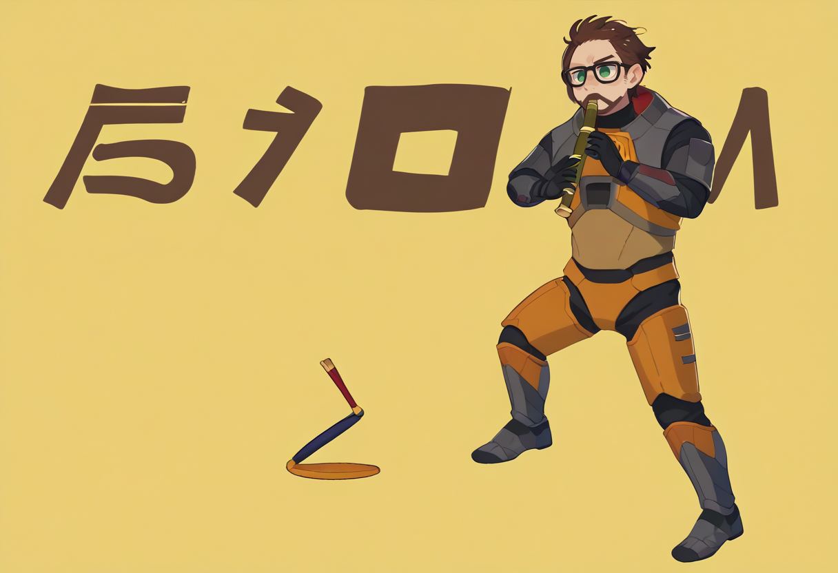 score_9, score_8_up, score_7_up, source_anime, simple background, yellow background, solo, male focus, 1boy, gordonfreeman, kyoufuuallback, full body, standing on one leg, holding flute, brown hair, short hair, facial hair, glasses, green eyes, power armor <lora:concept_kyoufuuallback_ponyXL:1.2> <lora:gordonfreeman-hl-richy-v1_pdxl:1>