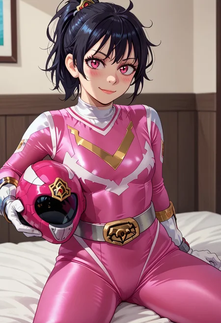 score_9, score_8_up, score_7_up, BREAK,
1girl, solo,
sentaisaintforce, pink bodysuit, silver belt, white gloves, spandex, wing-shaped chest symbol, small breasts, helmet removed, no headwear, holding helmet,
leyleyxl, (black hair), ponytail, (white pupils, pink eyes:.6), messy hair, short ponytail, (upper body:.6), BREAK,
smug, blush, looking at viewer, BREAK,
sitting, legs apart, BREAK,
indoors, floor
