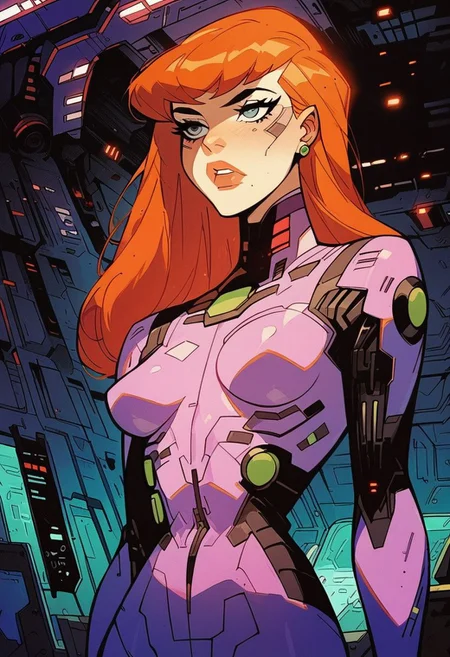 score_9, score_8_up, score_7_up, score_6_up, dcaustyle, 1girl, daphne blake, bodysuit, ginger hair, undercut, pointy breasts, spacecraft interior, 2d, knva, cyberpunk,