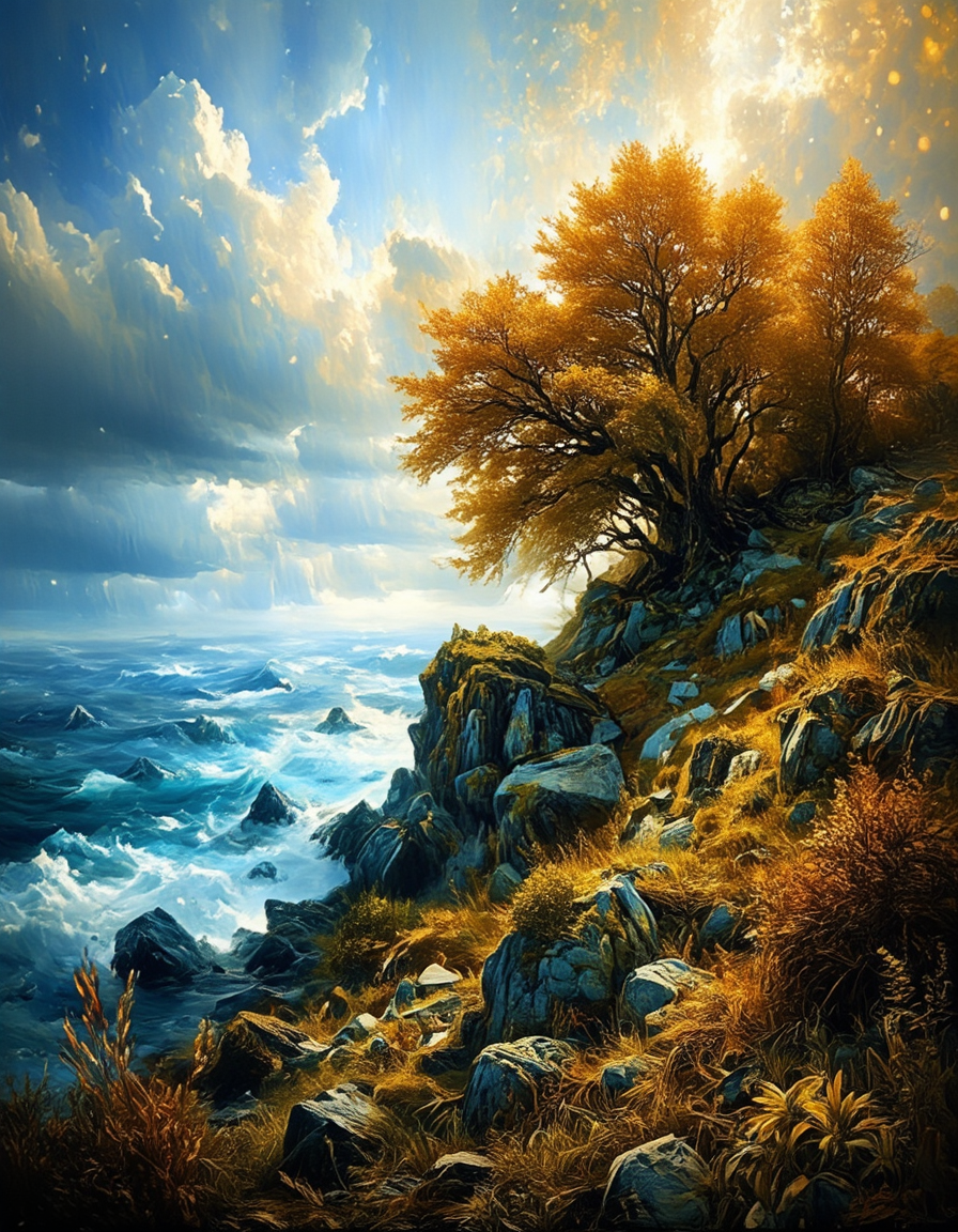<lora:Medieval_Worlds_Scenery01cflux:1> mwl01, scenery, vegetation, rough sea, fantasy, gold, T4, blue, orange, yellow, bokeh, brown, tree