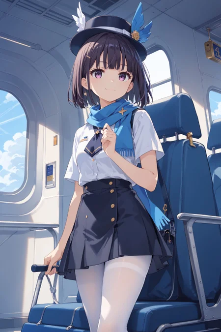 score_max, (score_9, score_8_up, score_7_up:1.2), score_6_up, official art,
masterpiece, absurdres, high detail,
indoors, airplane, passage, seat, wagon,
standing, hand up, light smile,
akisa, flight attendant,  mini hat, blue scarf, white shirt, short sleeves, pencil skirt, black skirt, white pantyhose,
<lora:XL_Pony_MGCM-akisa-t1:0.9>