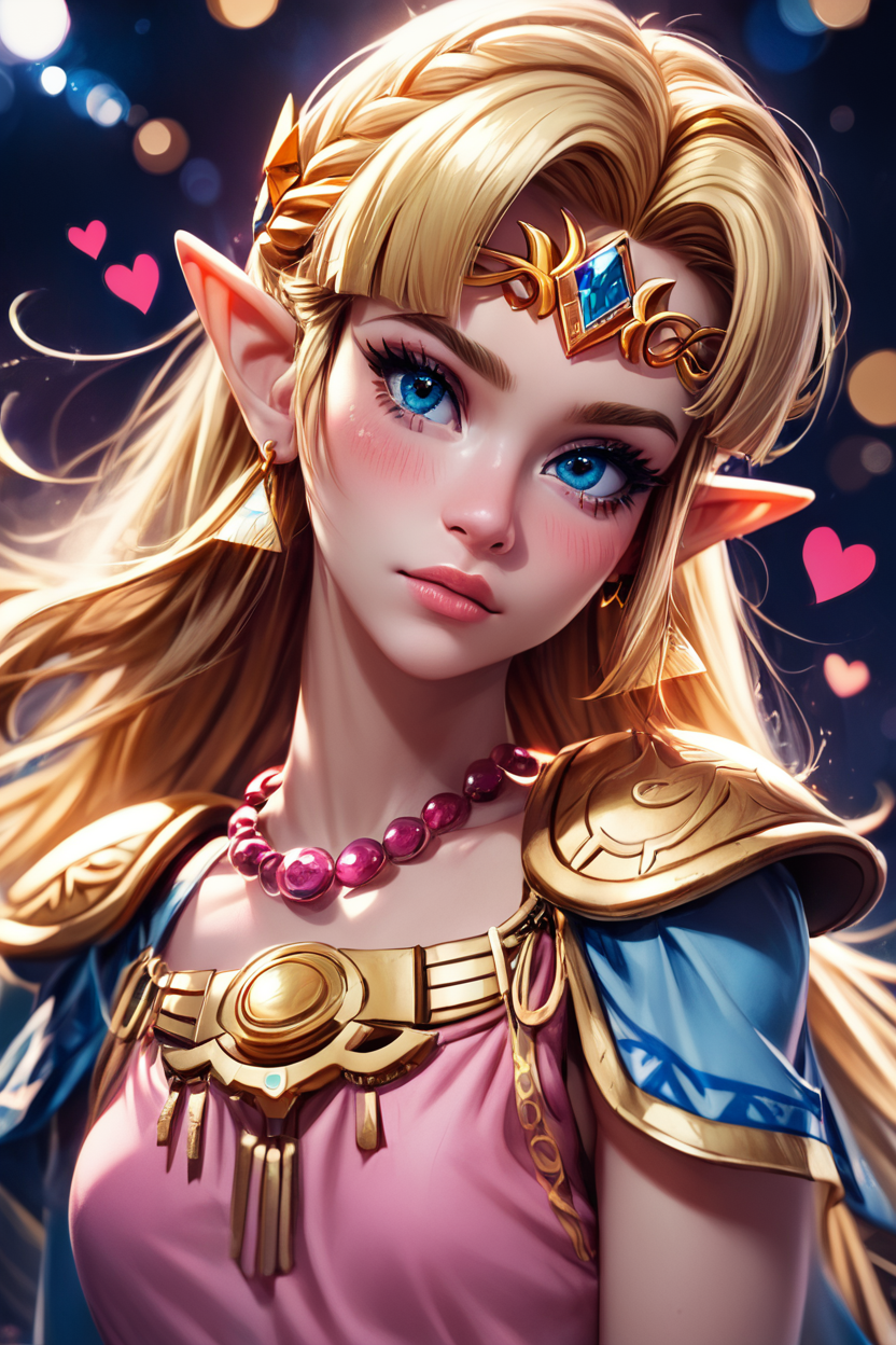 score_9, score_8_up, score_8, medium breasts, (curvy), cute, eyelashes,       BREAK, , zzUZelda, blonde hair, jewelry, dress, pink tabard, triforce, circlet, armor, earrings, necklace, shoulder armor, tiara, <lora:UltimatePrincessZelda_PDXL_v1:0.8>,, BREAK,  (ultra realistic,32k, masterpiece:1.2),(high detailed skin:1.1),( high quality:1.1), curvy, head tilt, hearts, blush, lips, closed mouth, curvy, head tilt, shiny clothes, (upper body), looking at viewer, bokeh, luminescent background,  embedding:zPDXL, Expressiveh,  <lora:RlAnmPDXL:1.0>,