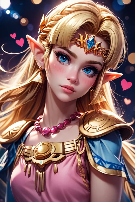 score_9, score_8_up, score_8, medium breasts, (curvy), cute, eyelashes,       BREAK, , zzUZelda, blonde hair, jewelry, dress, pink tabard, triforce, circlet, armor, earrings, necklace, shoulder armor, tiara, <lora:UltimatePrincessZelda_PDXL_v1:0.8>,, BREAK,  (ultra realistic,32k, masterpiece:1.2),(high detailed skin:1.1),( high quality:1.1), curvy, head tilt, hearts, blush, lips, closed mouth, curvy, head tilt, shiny clothes, (upper body), looking at viewer, bokeh, luminescent background,  embedding:zPDXL, Expressiveh,  <lora:RlAnmPDXL:1.0>,