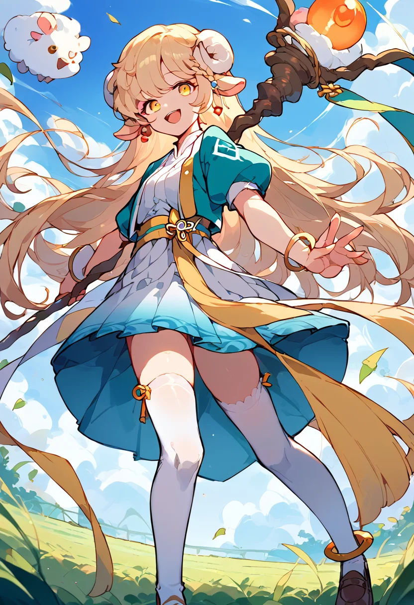 score_9,score_8_up,score_7_up,source_anime,zPDXL3,grasslands,
*//*,<lora:Lara_v1.0:0.9>,1girl,lara,tassel,hanbok,blonde hair,long hair,white horns,yellow eyes,sheep ears,white thighhighs,puffy short sleeves,brown shoes,earrings,anklet,bell,smile,open mouth,staff,holding staff,
*//*,looking at viewer,cowboy shot,dutch angle,