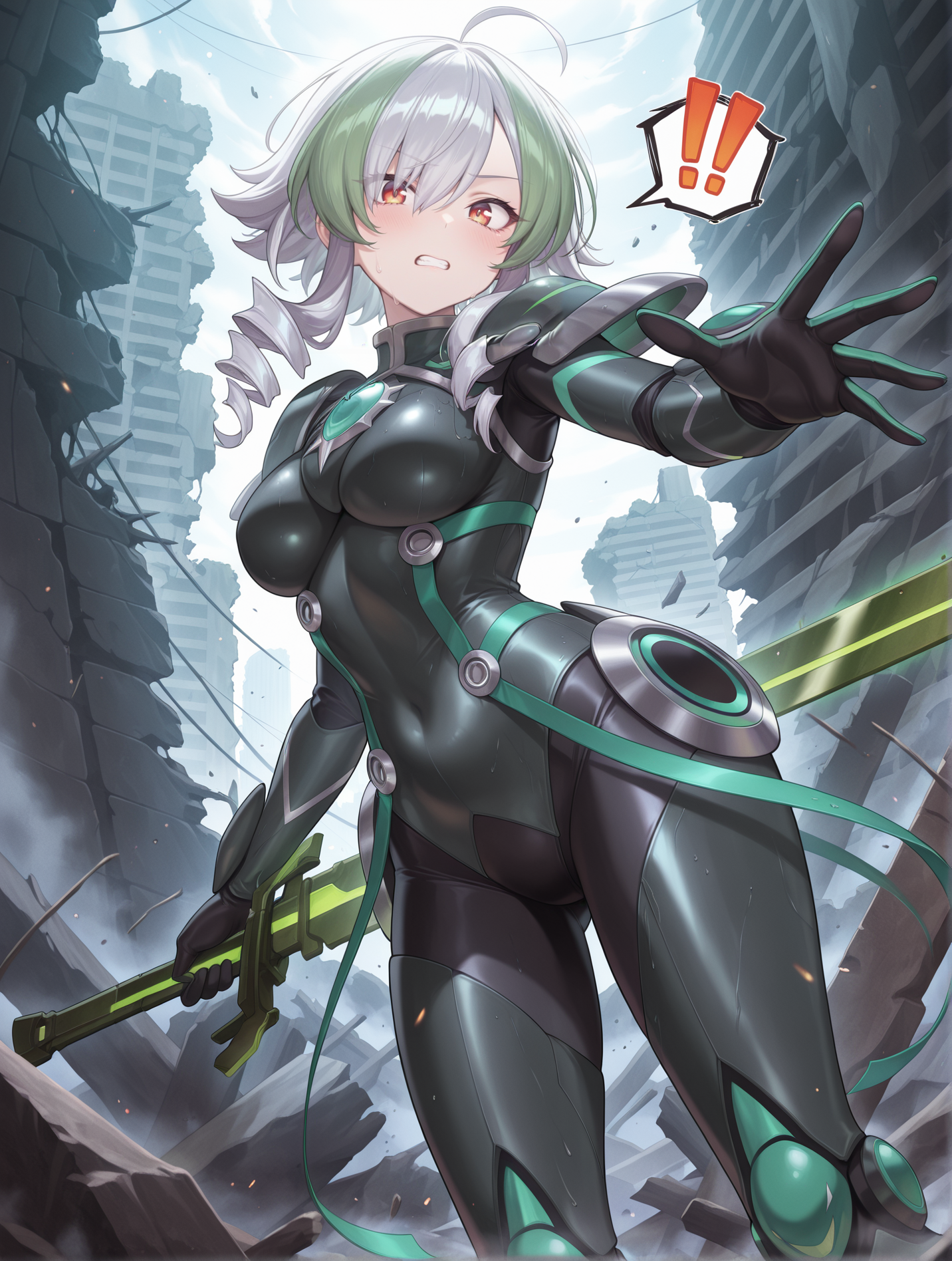 1girl,sky striker ace - camellia,green katana,solo,!,holding green katana,fighting stance,black battle costume,ruins,!,clenched teeth,standing,outstretched hand,open hand,looking at viewer, 
masterpiece,best quality,amazing quality,very aesthetic,absurdres,newest,<lora:sky striker ace - camellia and azalea illusXL v2:0.75>,