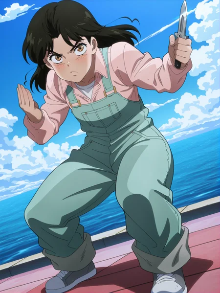 masterpiece, best quality, amazing quality, absurdres, newest, dynamic_angle, defined facial features, anime coloring, anime screencap, cloudy sky, ocean,
<lora:Anne_Merlai_IL1.1v0:1> merlai anne, brown eyes, pink shirt, green overalls, white undershirt, switchblade knife, fighting stance, grey sneakers, full body,