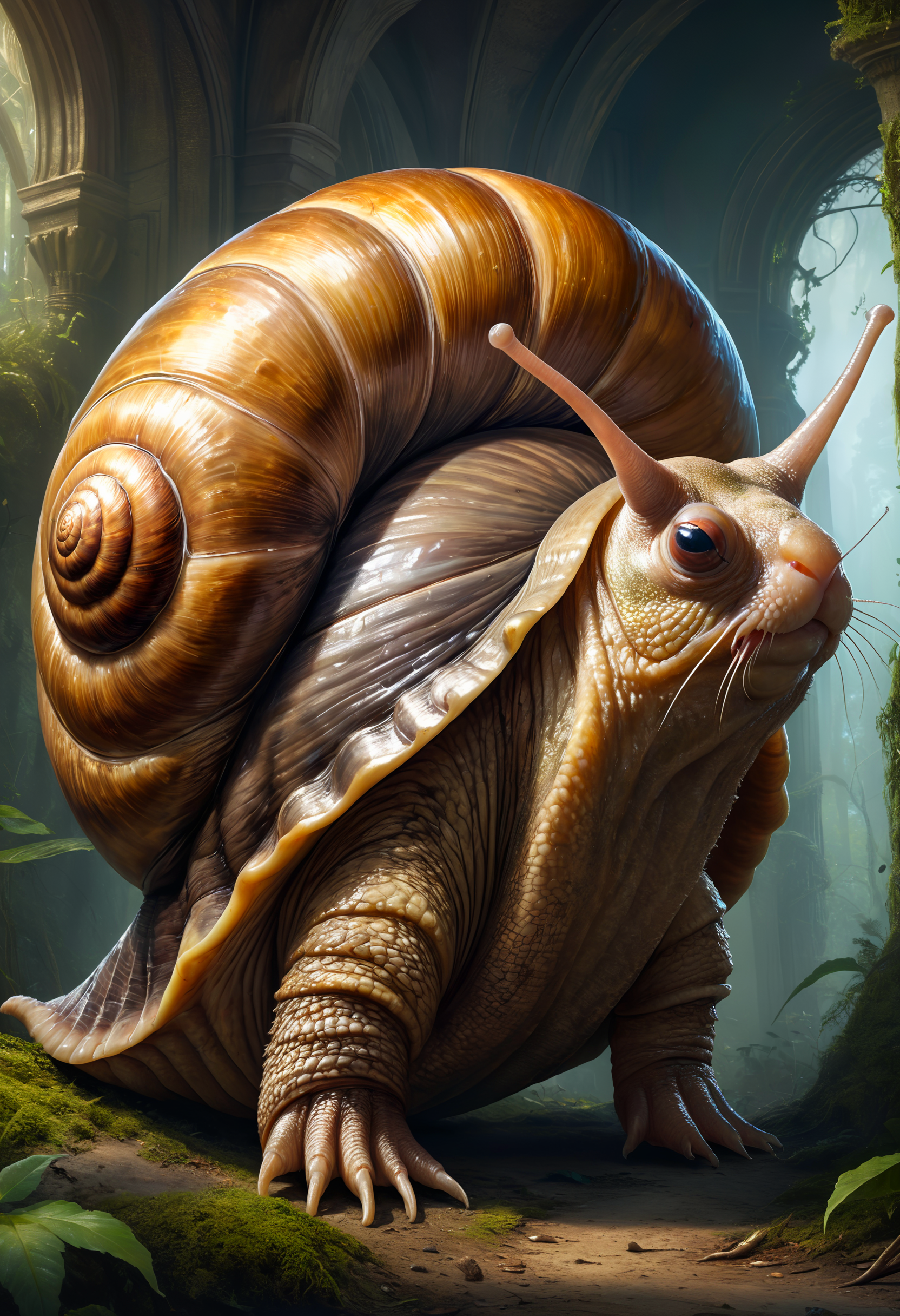 highly detailed fantasy photo of a giant snail bear creature beautiful, extremely high quality image, HDR, fantasy, photo  Centered in Perfect Composition, Complex Details Showing Unique and Enchanting Elements, Very Detailed Digital Painting, Golden Ratio, Dramatic Lighting, Very Realistic,