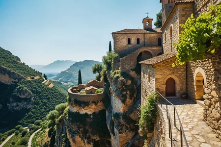 In a small Georgian mountain monastery perched on a rock outcrop where winding paths lead through grape arbors and the chapel bell overlooks the gorge. At summer midday, (warm breeze:1.0) stirs cypress shadows, bees hum in fig trees, and chanting echoes through narrow stone halls. ,, Masterpiece,best quality,realistic,HDR, 8K, masterpiece, best_quality, absurdres, ultra-detailed, highly aesthetic,sweeping landscapes, unique perspectives, epic scale, revealing hidden beauty, showcasing vastness, immersive experience, precise compositions, expert piloting, dynamic angles, cinematic storytelling, showcasing natural wonders, aerial exploration