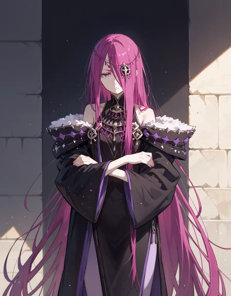 <lora:Sekhmet_ReZero_r1:0.7>, very long hair, sekhmet, magenta hair, magenta eyes, long robe, standing up straight, bored, score_9, score_8_up, score_7_up, score_6_up, score_5_up, score_4_up, source_anime