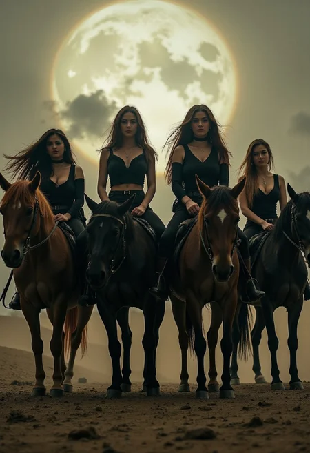 four beautiful women on horses representing the four horsemen of the apocalypse. A dystopian scene as the women ride the horses, dark angelic women,