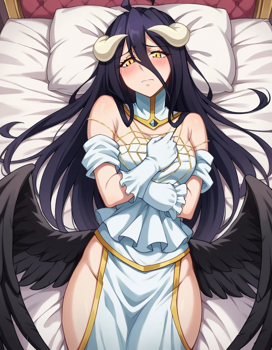 score_9, score_8_up, score_7_up, source_anime,
overlordalbedo, <lora:overlord-albedo-ponyxl-lora-nochekaiser:1>,
albedo, ahoge, black hair, horns, long hair, yellow eyes, blush, embarrassed,
bare hips, bare shoulders, black wings, detached collar, elbow gloves, feathered wings, gloves, gold trim, high collar, hip vent, jewelry, low wings, white gloves, wings,
indoors, bed, bed room, lying, lying on back, pillow,
looking at viewer, cowboy shot, dutch angle,
