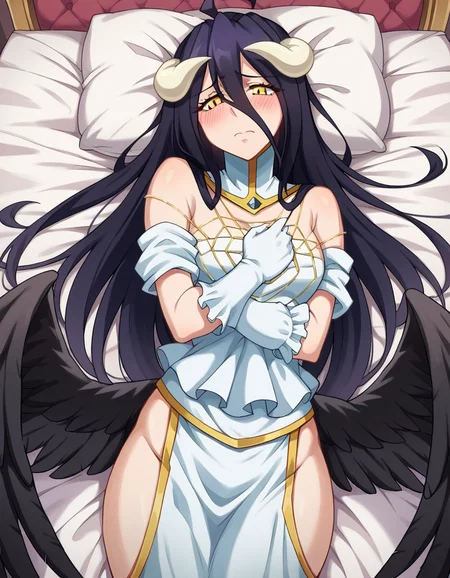 score_9, score_8_up, score_7_up, source_anime,
overlordalbedo, <lora:overlord-albedo-ponyxl-lora-nochekaiser:1>,
albedo, ahoge, black hair, horns, long hair, yellow eyes, blush, embarrassed,
bare hips, bare shoulders, black wings, detached collar, elbow gloves, feathered wings, gloves, gold trim, high collar, hip vent, jewelry, low wings, white gloves, wings,
indoors, bed, bed room, lying, lying on back, pillow,
looking at viewer, cowboy shot, dutch angle,