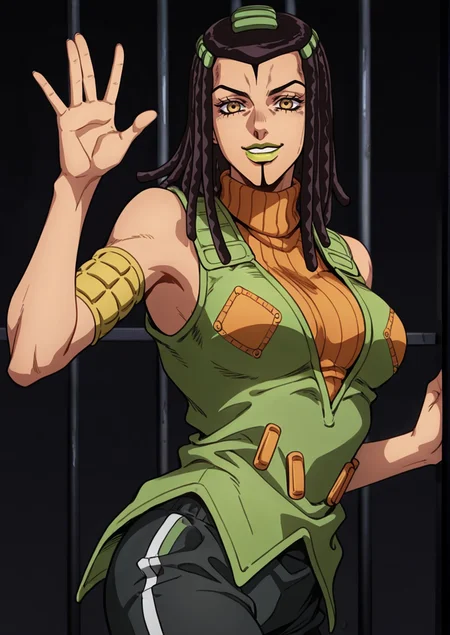 (jojo:0.4), 3rme5, 1girl, ermes costello, dreadlocks, green lipstick, smile expression, sleeveless, orange turtleneck sweater, green jacket, black sports trackpants, upper body, \(jojo\), <lora:Jojos_Bizarre_Adventure_Ermes_Costello_-_IL:0.7>, dark prison room, behind bars, waving