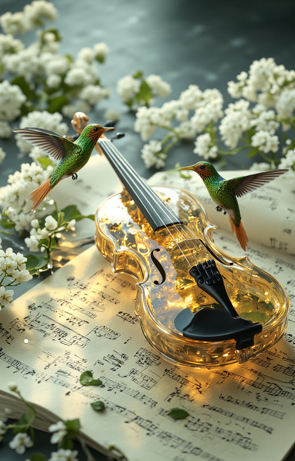 digitally rendered photograph that combines elements of fantasy and realism. The central focus is a transparent, ornate violin resting on an open sheet of classical music. The violin is partially filled with a transparent liquid, creating a surreal effect. Two hummingbirds, one on the left and one on the right, are delicately perched on the violin, their wings slightly spread, adding a sense of motion and life to the scene. The hummingbirds are depicted with vibrant green feathers and bright orange beaks, which contrast beautifully with the golden hues of the violin., 
The sheet music beneath the violin is illuminated by soft, golden light, casting a warm glow and creating a magical atmosphere. The notes on the sheet music are crisp and detailed, with a clear font that suggests a classical or romantic musical style. Surrounding the violin and sheet music are white, delicate flowers, adding to the dreamy, ethereal quality of the image. The background is blurred, enhancing the focus on the central elements. The overall color palette is dominated by warm tones of gold, green, and white, with a touch of cool blue from the blurred background. This image captures a moment of tranquility and wonder, blending natural elements with the fantastical., <lora:aidmaImageUpraderv0.3:0.4>, aidmaimageupgrader, <lora:diffusion_pytorch_model:1>, <lora:aidmaMJ6.1_v0.5_3:0.7>, aidmaMJ6.1, ultra quality, ultra detailed, intricate details