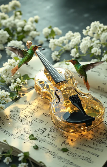 digitally rendered photograph that combines elements of fantasy and realism. The central focus is a transparent, ornate violin resting on an open sheet of classical music. The violin is partially filled with a transparent liquid, creating a surreal effect. Two hummingbirds, one on the left and one on the right, are delicately perched on the violin, their wings slightly spread, adding a sense of motion and life to the scene. The hummingbirds are depicted with vibrant green feathers and bright orange beaks, which contrast beautifully with the golden hues of the violin.,
The sheet music beneath the violin is illuminated by soft, golden light, casting a warm glow and creating a magical atmosphere. The notes on the sheet music are crisp and detailed, with a clear font that suggests a classical or romantic musical style. Surrounding the violin and sheet music are white, delicate flowers, adding to the dreamy, ethereal quality of the image. The background is blurred, enhancing the focus on the central elements. The overall color palette is dominated by warm tones of gold, green, and white, with a touch of cool blue from the blurred background. This image captures a moment of tranquility and wonder, blending natural elements with the fantastical., <lora:aidmaImageUpraderv0.3:0.4>, aidmaimageupgrader, <lora:diffusion_pytorch_model:1>, <lora:aidmaMJ6.1_v0.5_3:0.7>, aidmaMJ6.1, ultra quality, ultra detailed, intricate details