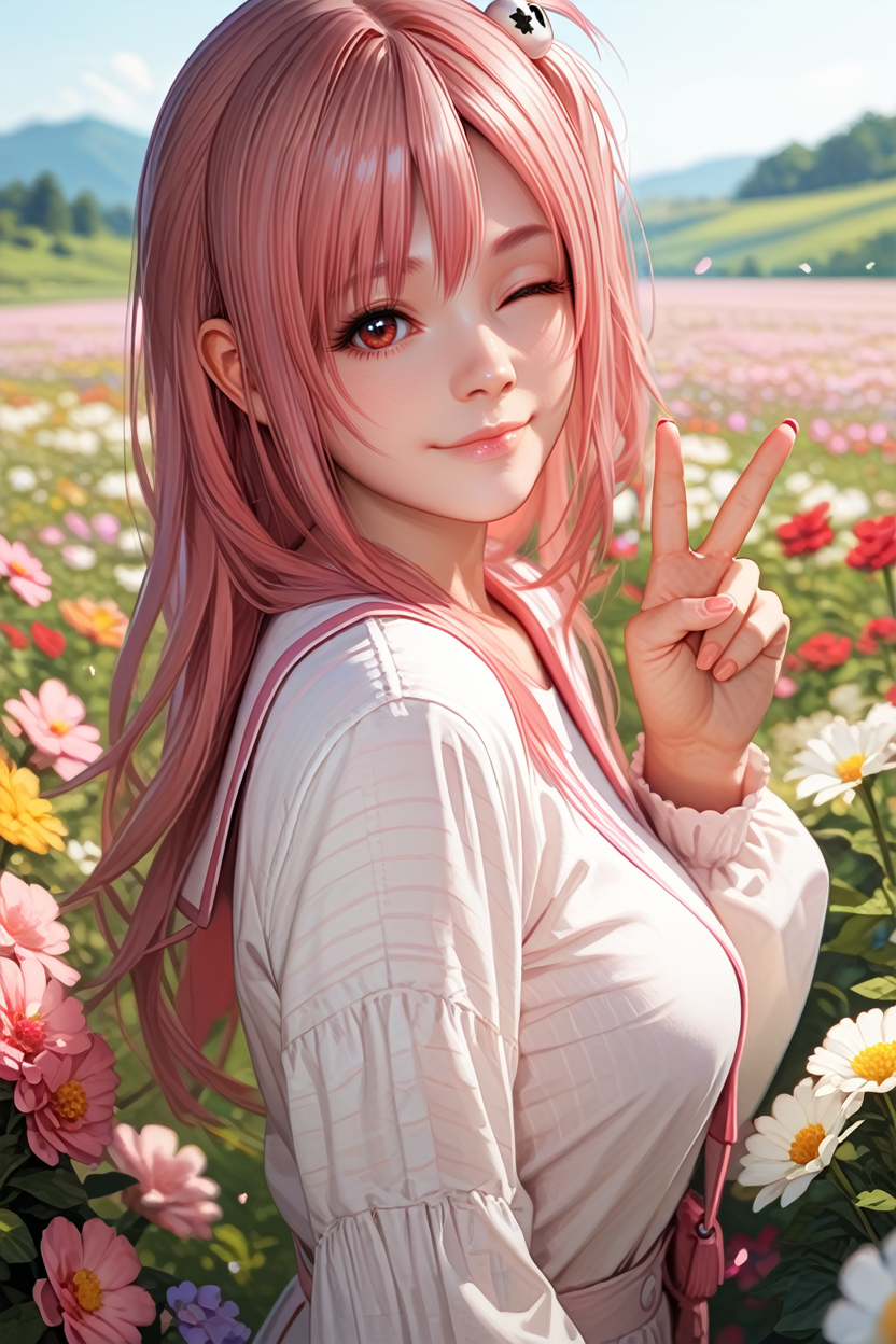 score_9, score_8_up, score_7_up,
<lora:DOAHonoka:0.8>
DOAHonoka, 1girl, pink hair, red eyes, long hair, one side up, looking at viewer, from side, wink, happy, smile, closed mouth, peace sign, flowers, meadow